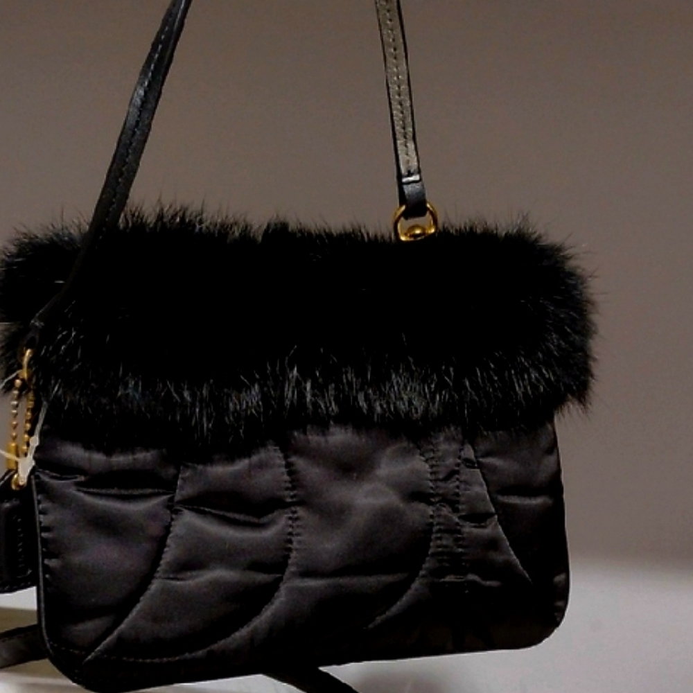 Coach Soho Ski Rabbit Furry Trim Black Satin Quilted Mini Handbag Wristlet